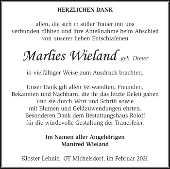 Traueranzeige von Marlies Wieland von Märkische Oderzeitung