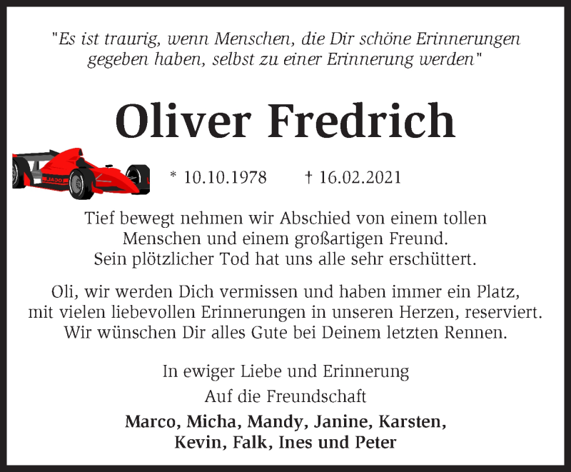  Traueranzeige für Oliver Fredrich vom 24.02.2021 aus Märkische Oderzeitung