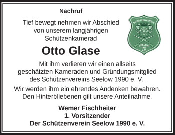 Traueranzeige von Otto Glase von Märkische Oderzeitung