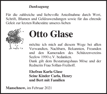 Traueranzeige von Otto Glase von Märkische Oderzeitung