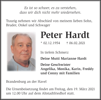 Traueranzeige von Peter Hardt von Märkische Oderzeitung