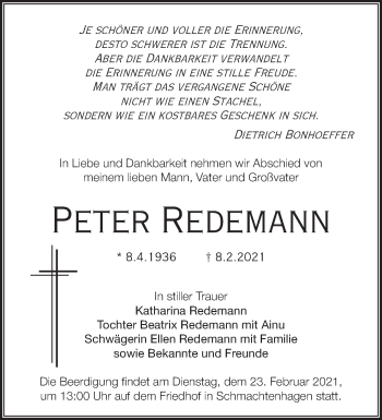 Traueranzeige von Peter Redemann von Märkische Oderzeitung