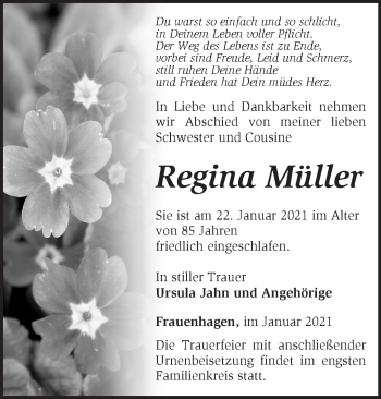 Traueranzeige von Regina Müller von Märkische Oderzeitung