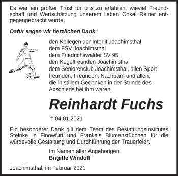 Traueranzeige von Reinhardt Fuchs von Märkische Oderzeitung