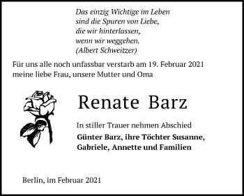 Traueranzeige von Renate Barz von Märkische Oderzeitung