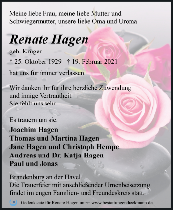 Traueranzeige von Renate Hagen von Märkische Oderzeitung