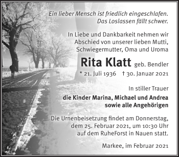 Traueranzeige von Rita Klatt von Märkische Oderzeitung