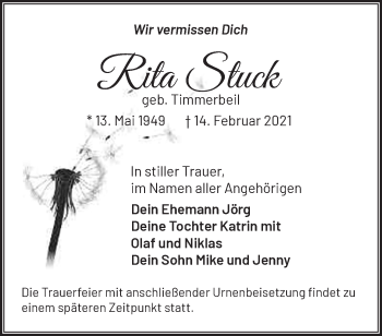 Traueranzeige von Rita Stuck von Märkische Oderzeitung