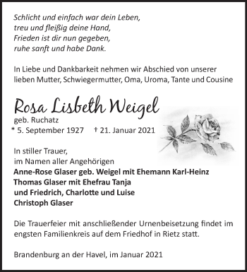 Traueranzeige von Rosa Lisbeth Weigel von Märkische Oderzeitung