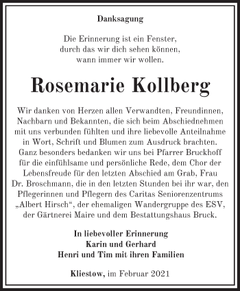 Traueranzeige von Rosemarie Kollberg von Märkische Oderzeitung