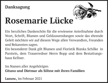 Traueranzeige von Rosemarie Lücke von Märkische Oderzeitung