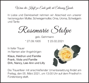 Traueranzeige von Rosemarie Stolpe von Märkische Oderzeitung