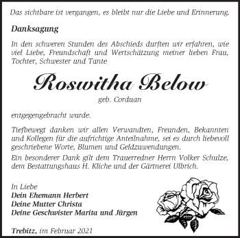 Traueranzeige von Roswitha Below von Märkische Oderzeitung