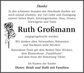 Traueranzeige von Ruth Großmann von Märkische Oderzeitung