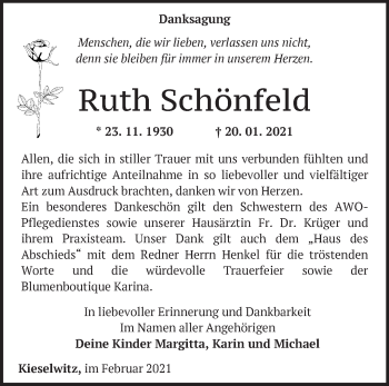 Traueranzeige von Ruth Schönfeld von Märkische Oderzeitung