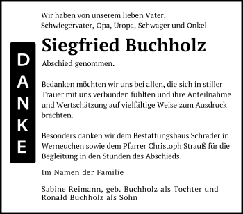 Traueranzeige von Siegfried Buchholz von Märkische Oderzeitung