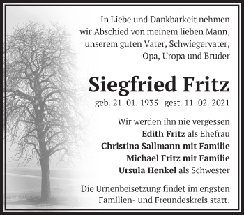Traueranzeige von Siegfried Fritz von Märkische Oderzeitung