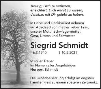 Traueranzeige von Siegrid Schmidt von Märkische Oderzeitung