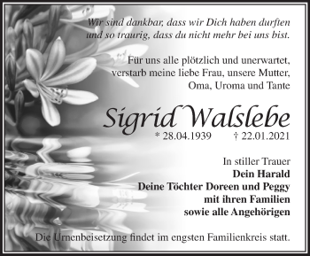 Traueranzeige von Sigrid Walslebe von Märkische Oderzeitung