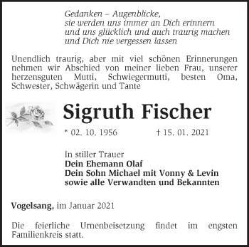 Traueranzeige von Sigruth Fischer von Märkische Oderzeitung