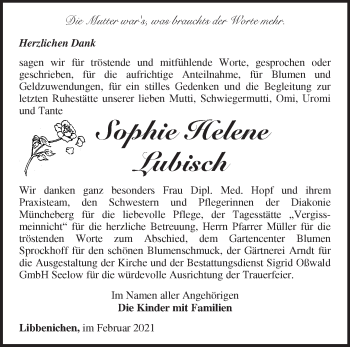 Traueranzeige von Sophie Helene Lubisch von Märkische Oderzeitung