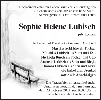 Traueranzeige von Sophie Helene Lubisch von Märkische Oderzeitung