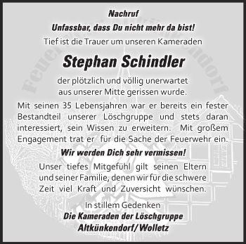 Traueranzeige von Stephan Schindler von Märkische Oderzeitung