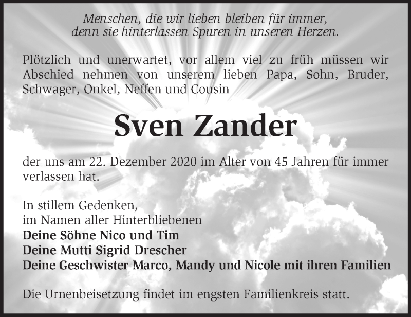  Traueranzeige für Sven Zander vom 13.02.2021 aus Märkische Oderzeitung