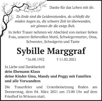 Traueranzeige von Sybille Marggraf von Märkische Oderzeitung