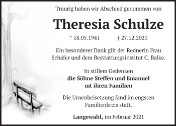 Traueranzeige von Theresia Schulze von Märkische Oderzeitung