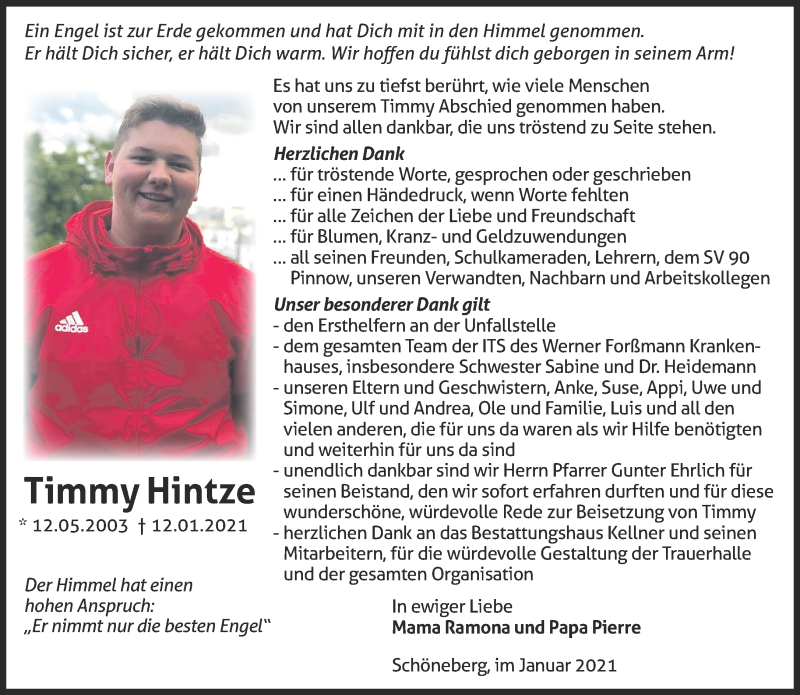  Traueranzeige für Timmy Hintze vom 13.02.2021 aus Märkische Oderzeitung