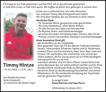 Traueranzeige von Timmy Hintze von Märkische Oderzeitung