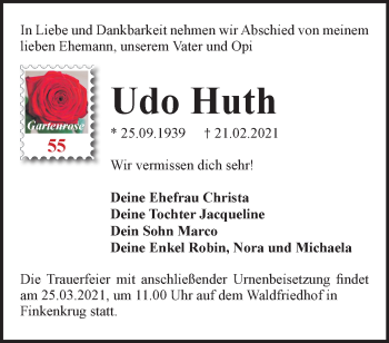 Traueranzeige von Udo Huth von Märkische Oderzeitung