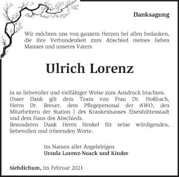 Traueranzeige von Ulrich Lorenz von Märkische Oderzeitung