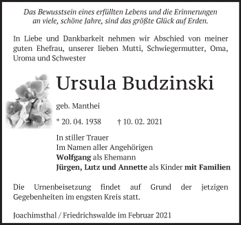 Traueranzeige von Ursula Budzinski von Märkische Oderzeitung