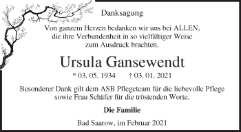 Traueranzeige von Ursula Gansewendt von Märkische Oderzeitung