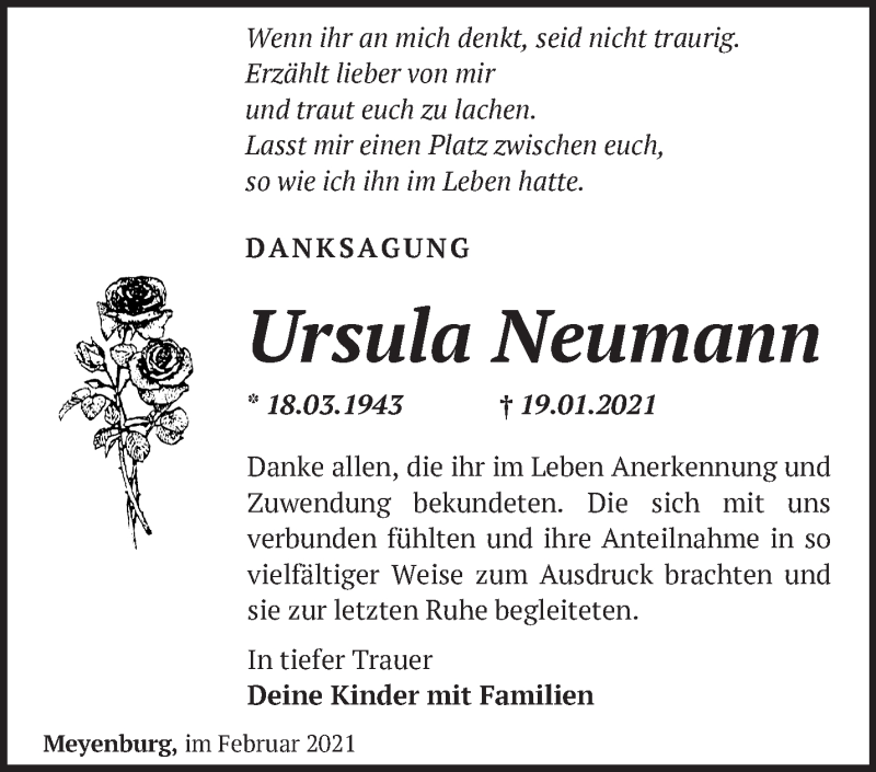  Traueranzeige für Ursula Neumann vom 21.02.2021 aus Märkische Oderzeitung
