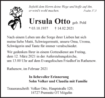 Traueranzeige von Ursula Otto von Märkische Oderzeitung