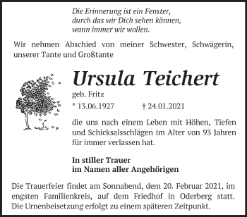 Traueranzeige von Ursula Teichert von Märkische Oderzeitung