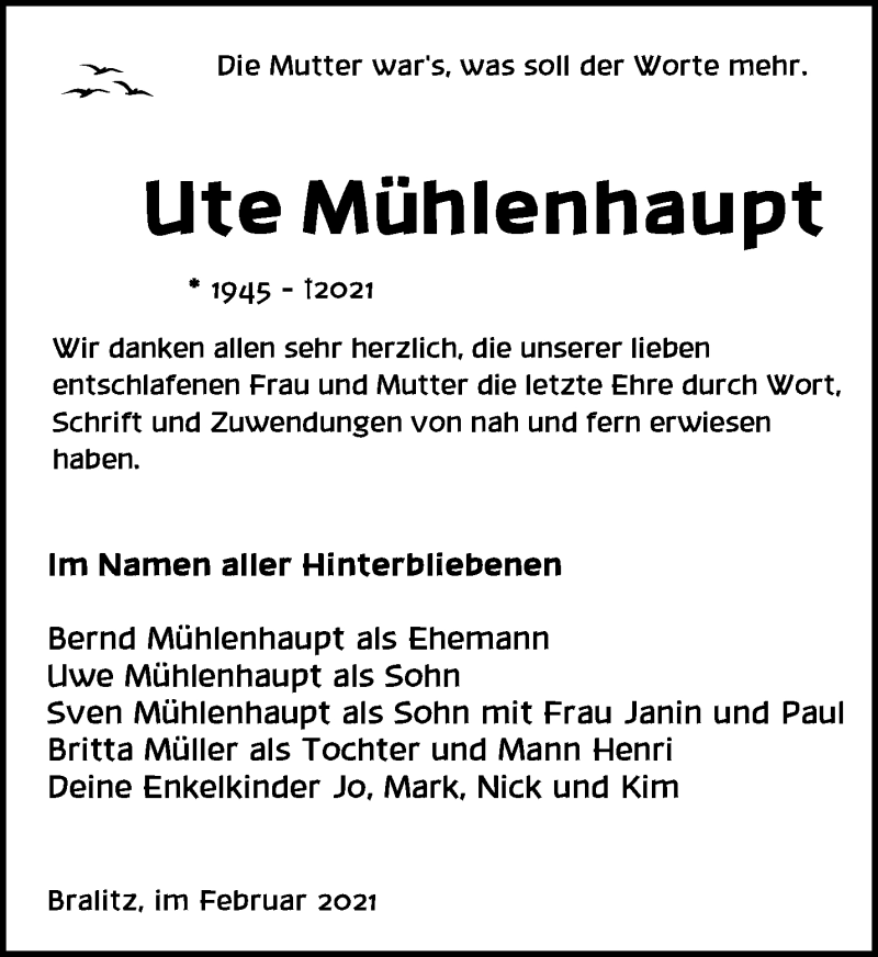  Traueranzeige für Ute Mühlenhaupt vom 07.02.2021 aus Märkische Oderzeitung