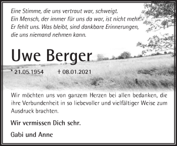 Traueranzeige von Uwe Berger von Märkische Oderzeitung