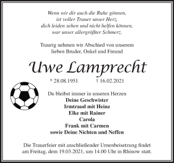 Traueranzeige von Uwe Lamprecht von Märkische Oderzeitung