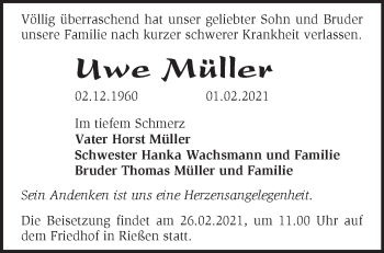 Traueranzeige von Uwe Müller von Märkische Oderzeitung