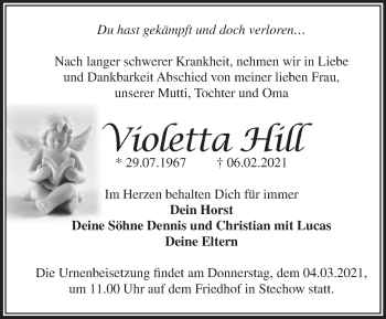 Traueranzeige von Violetta Hill von Märkische Oderzeitung