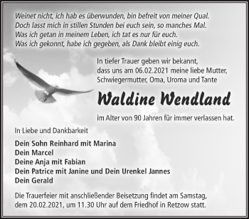 Traueranzeige von Waldine Wendland von Märkische Oderzeitung