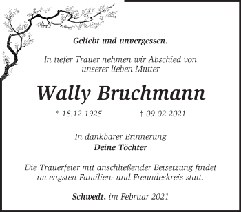 Traueranzeige von Wally Bruchmann von Märkische Oderzeitung