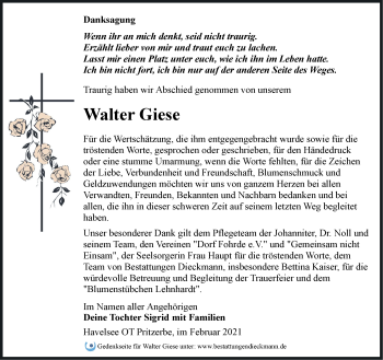 Traueranzeige von Walter Giese von Märkische Oderzeitung