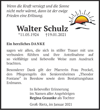 Traueranzeige von Walter Schulz von Märkische Oderzeitung