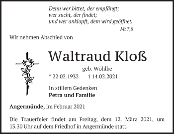 Traueranzeige von Waltraud Kloß von Märkische Oderzeitung