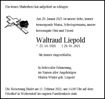 Traueranzeige von Waltraud Liepold von Märkische Oderzeitung